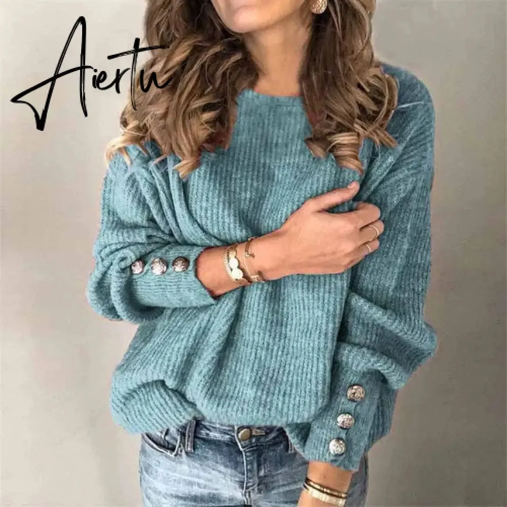 Aiertu Fall Winter Woman Sweaters Fashion Solid Color Pullover O-Neck Warm Long Sleeve Sweater Clothes WomenBlack Tops Femme