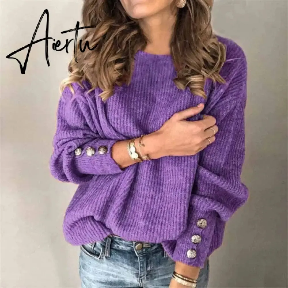 Aiertu Fall Winter Woman Sweaters Fashion Solid Color Pullover O-Neck Warm Long Sleeve Sweater Clothes WomenBlack Tops Femme