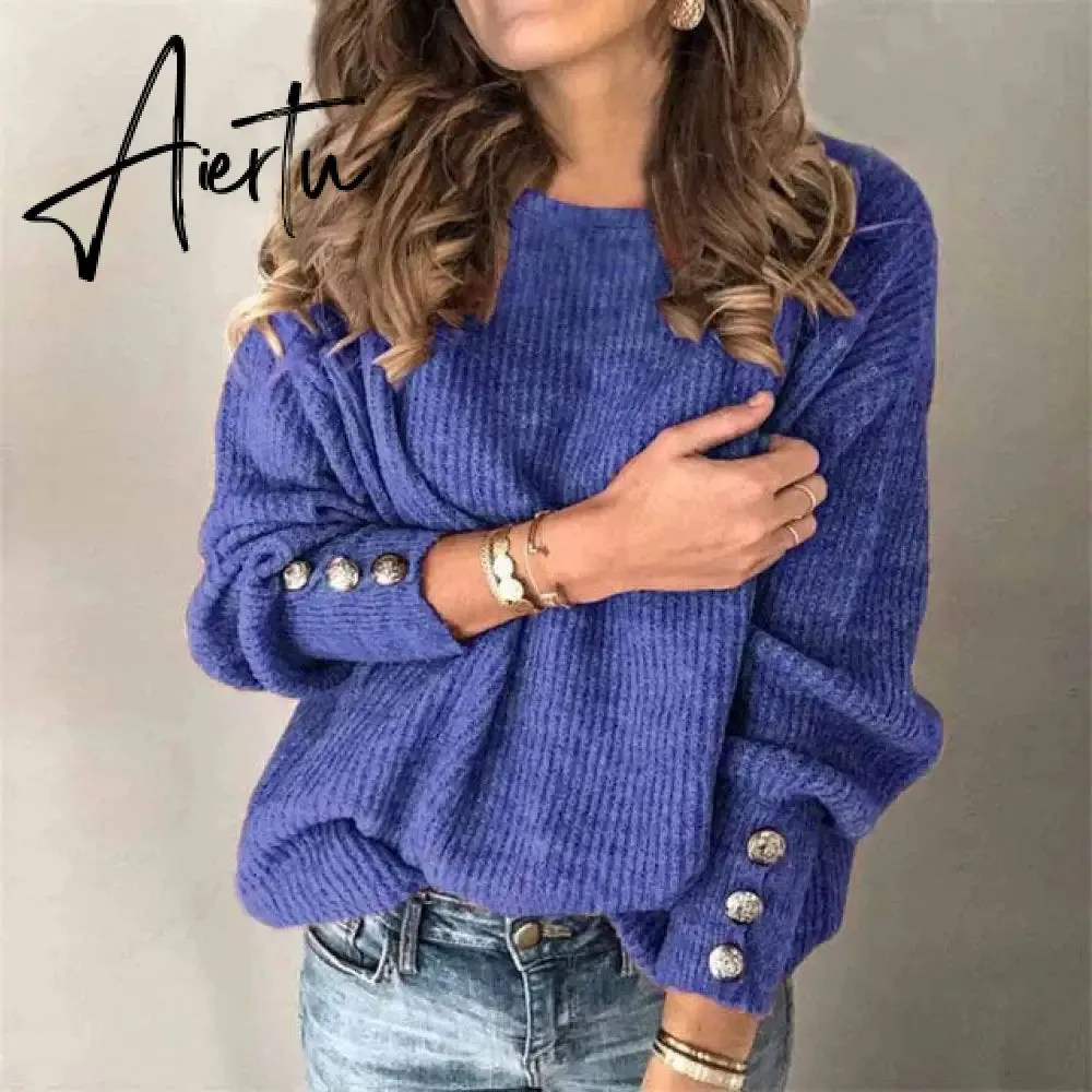 Aiertu Fall Winter Woman Sweaters Fashion Solid Color Pullover O-Neck Warm Long Sleeve Sweater Clothes WomenBlack Tops Femme