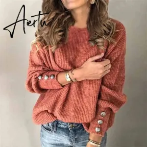Aiertu Fall Winter Woman Sweaters Fashion Solid Color Pullover O-Neck Warm Long Sleeve Sweater Clothes WomenBlack Tops Femme