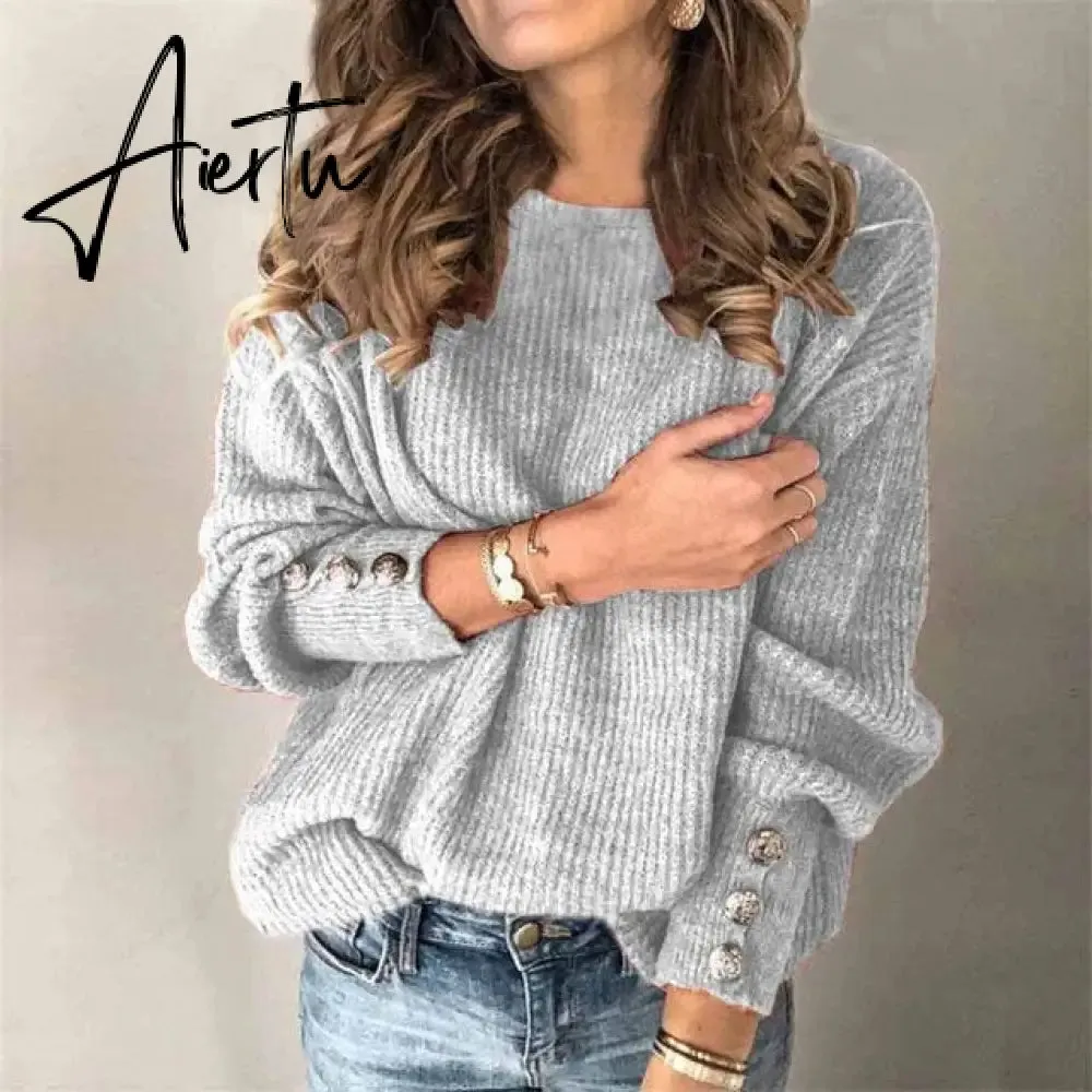 Aiertu Fall Winter Woman Sweaters Fashion Solid Color Pullover O-Neck Warm Long Sleeve Sweater Clothes WomenBlack Tops Femme