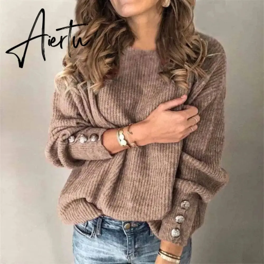 Aiertu Fall Winter Woman Sweaters Fashion Solid Color Pullover O-Neck Warm Long Sleeve Sweater Clothes WomenBlack Tops Femme