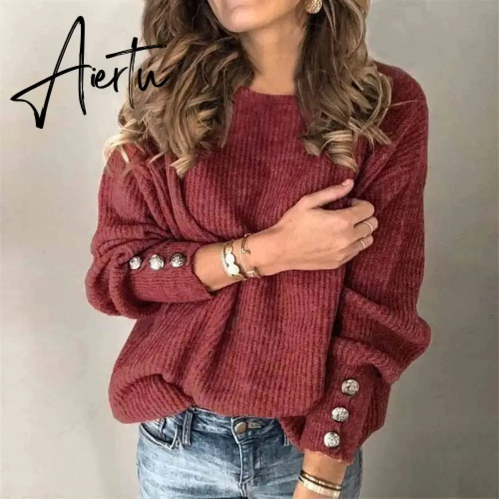 Aiertu Fall Winter Woman Sweaters Fashion Solid Color Pullover O-Neck Warm Long Sleeve Sweater Clothes WomenBlack Tops Femme