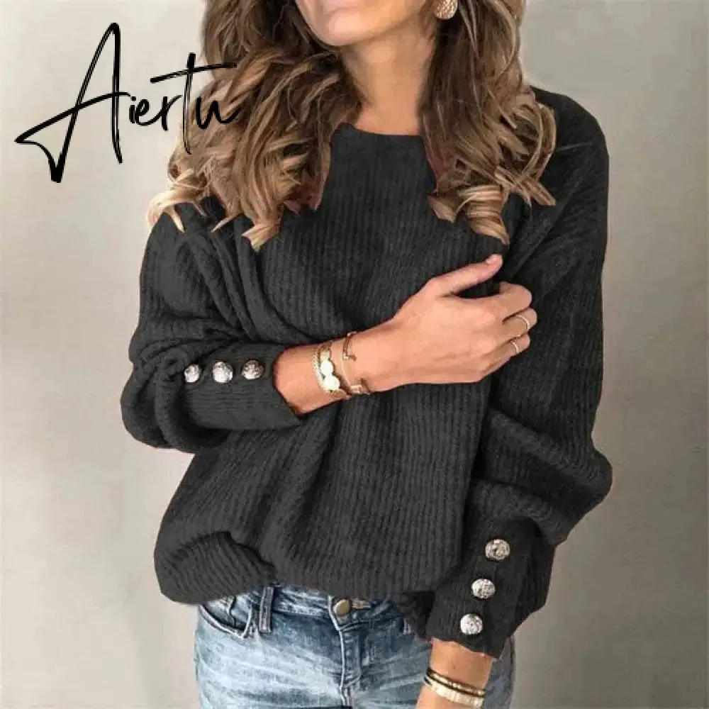 Aiertu Fall Winter Woman Sweaters Fashion Solid Color Pullover O-Neck Warm Long Sleeve Sweater Clothes WomenBlack Tops Femme