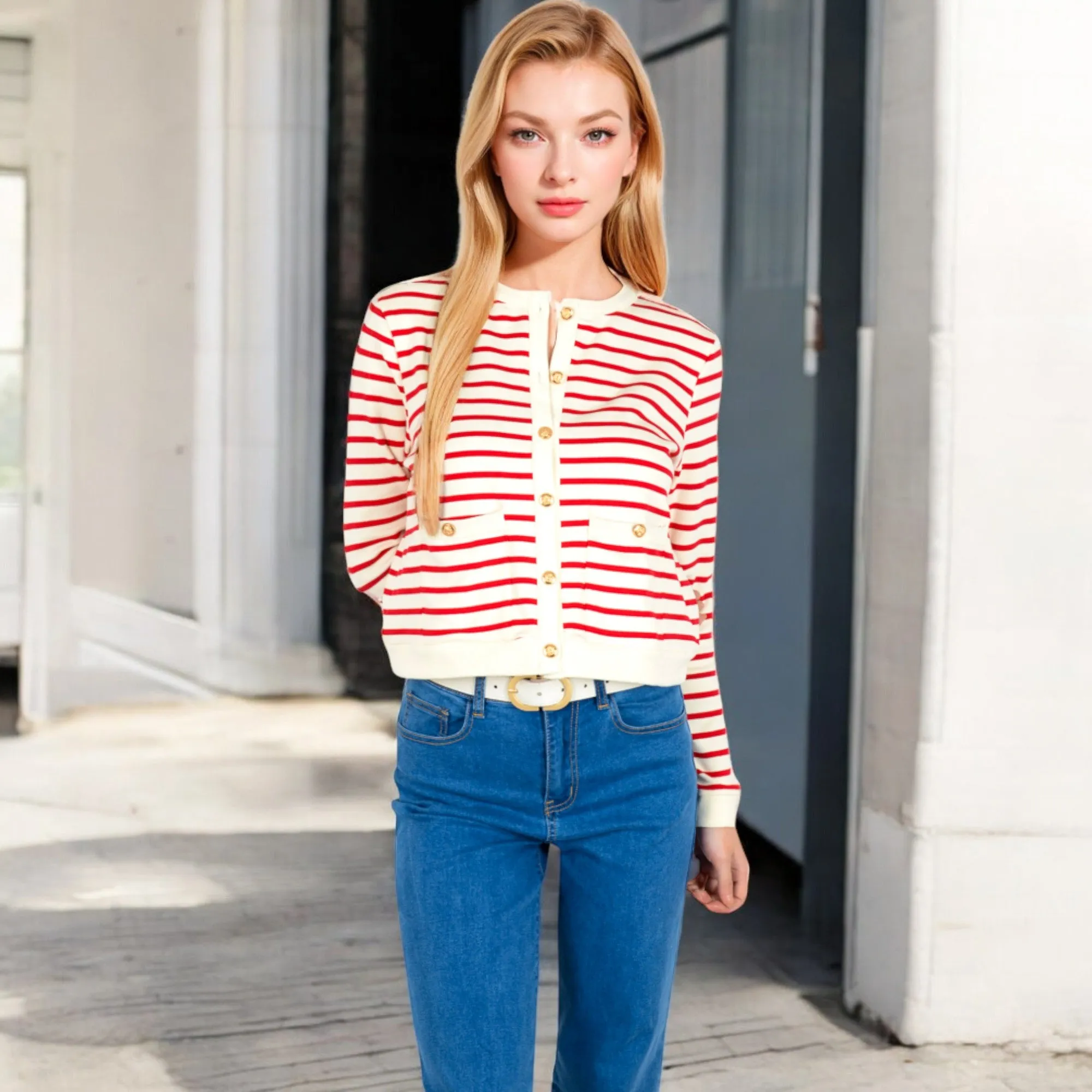 Anna-Kaci Women's Striped Button-Up Cardigan with Pocket Detail