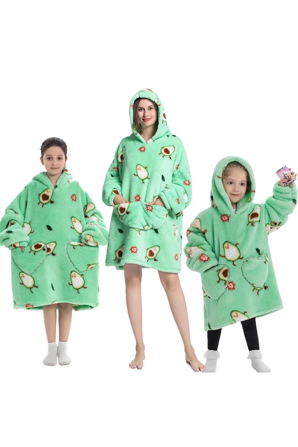 Black Strawberry Family Matching Flannel Oversize Wearable Hoodie Blanket Sweatshirt