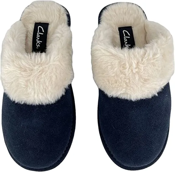 Clarks Womens Open Back Suede Leather Comfort Clog Slipper JMS0583C - Plush Faux Fur Trim - Indoor Outdoor House Slippers For Women
