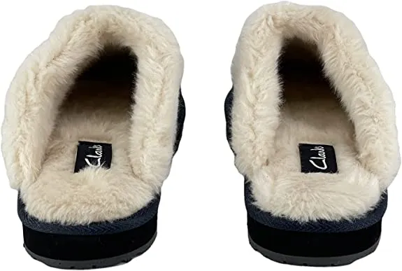 Clarks Womens Open Back Suede Leather Comfort Clog Slipper JMS0583C - Plush Faux Fur Trim - Indoor Outdoor House Slippers For Women