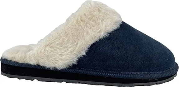 Clarks Womens Open Back Suede Leather Comfort Clog Slipper JMS0583C - Plush Faux Fur Trim - Indoor Outdoor House Slippers For Women