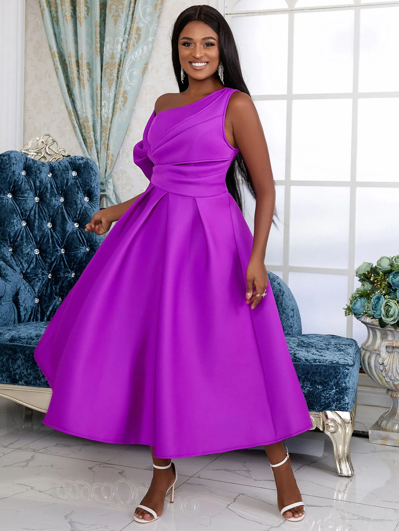Elegant Purple Off Shoulder One Shoulder A Line Dress