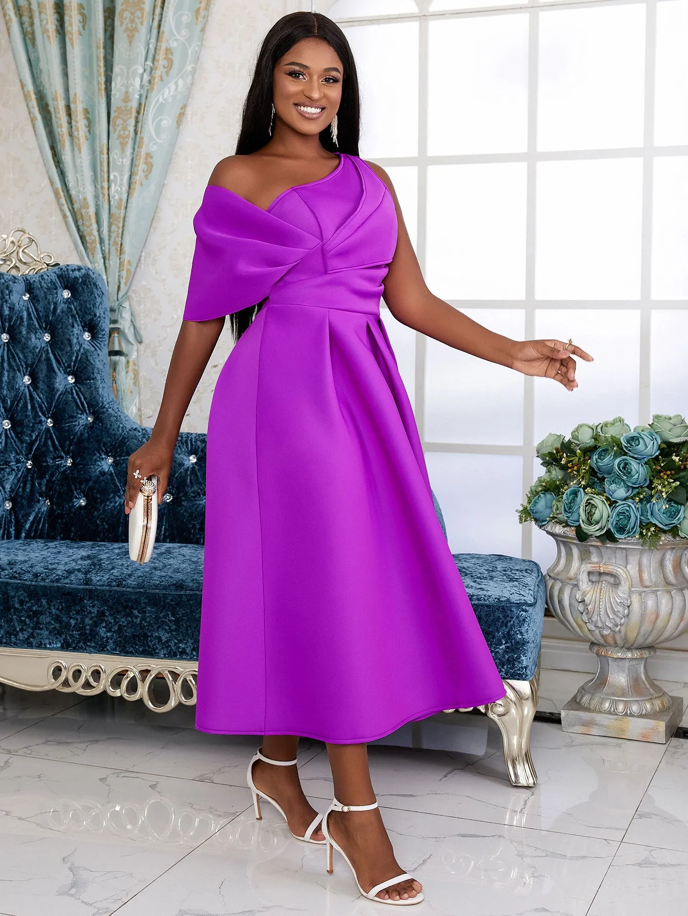 Elegant Purple Off Shoulder One Shoulder A Line Dress