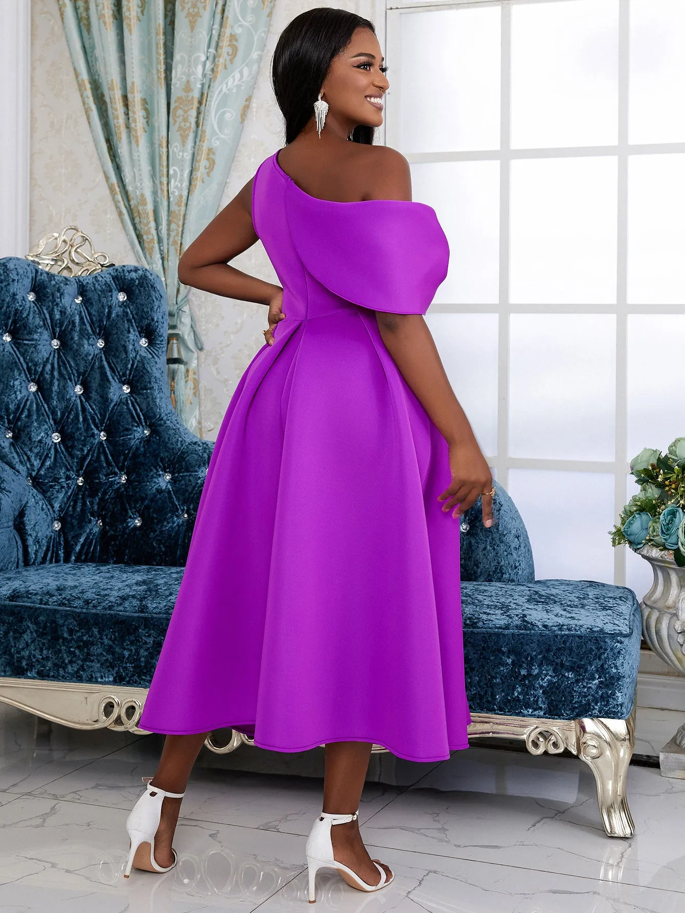 Elegant Purple Off Shoulder One Shoulder A Line Dress