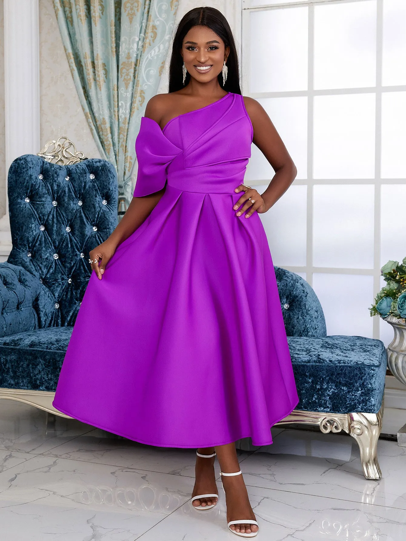 Elegant Purple Off Shoulder One Shoulder A Line Dress