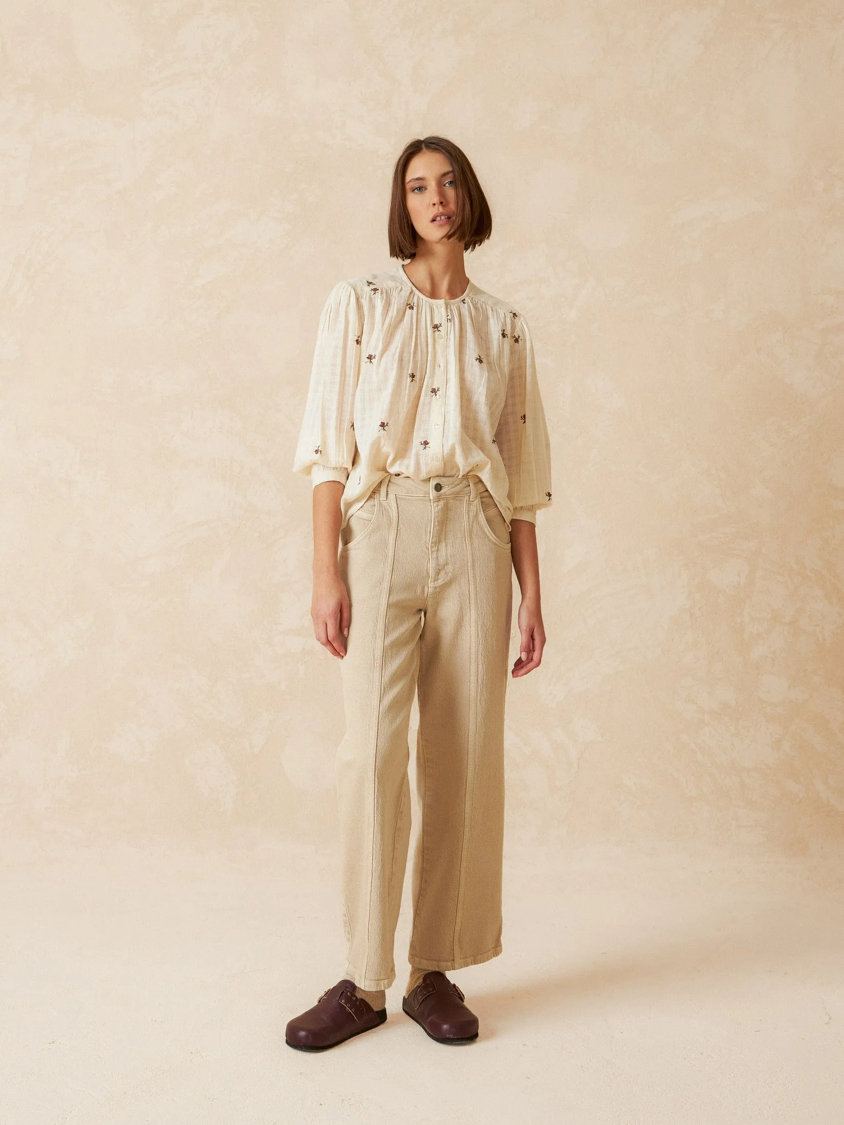Embroidered Gauze Shirt Yellow