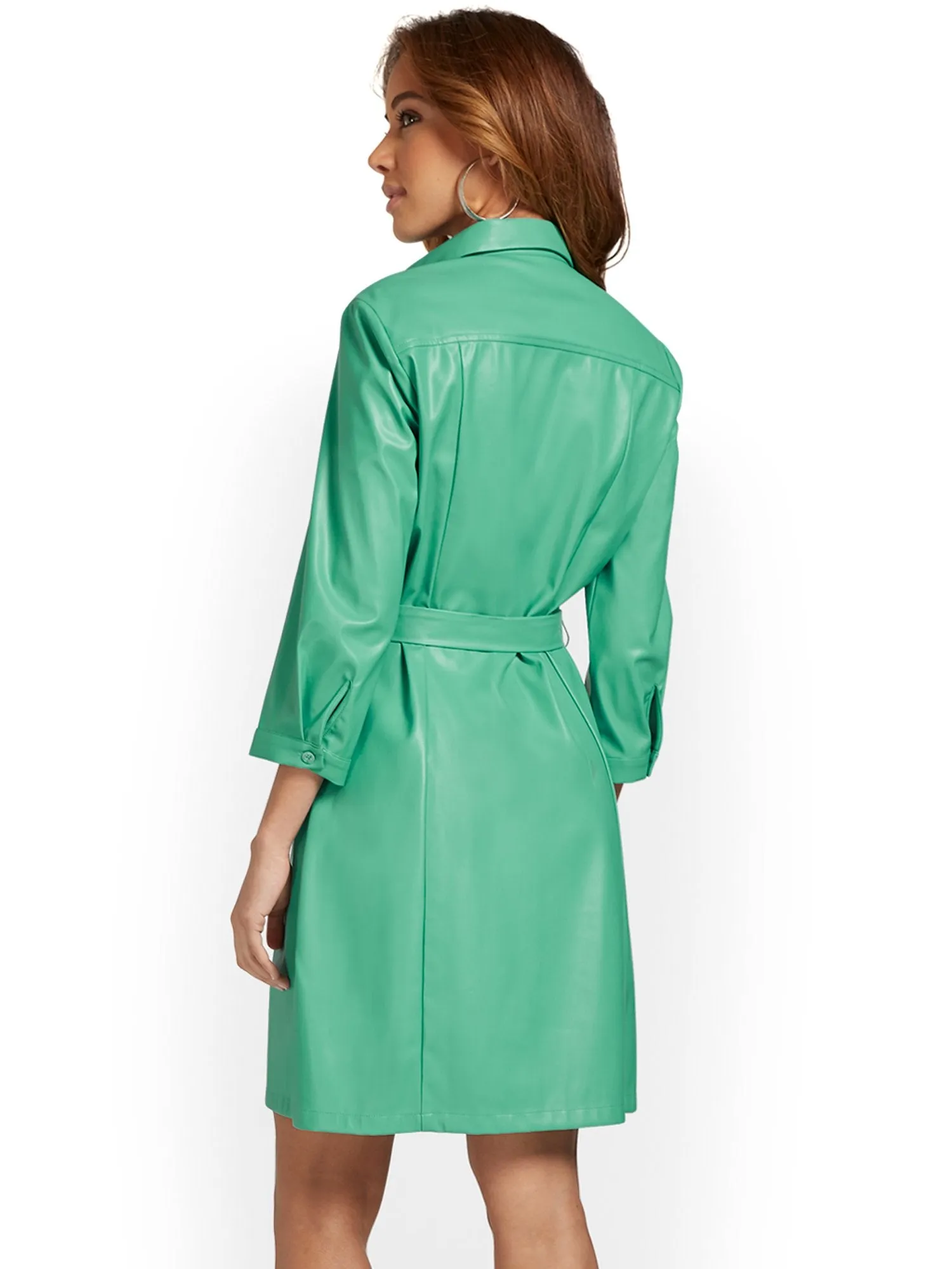 Faux-Leather Belted Shirtdress