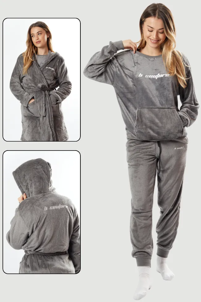 Fluffy Robe & Fluffy PJ Set Bundle - Charcoal Grey