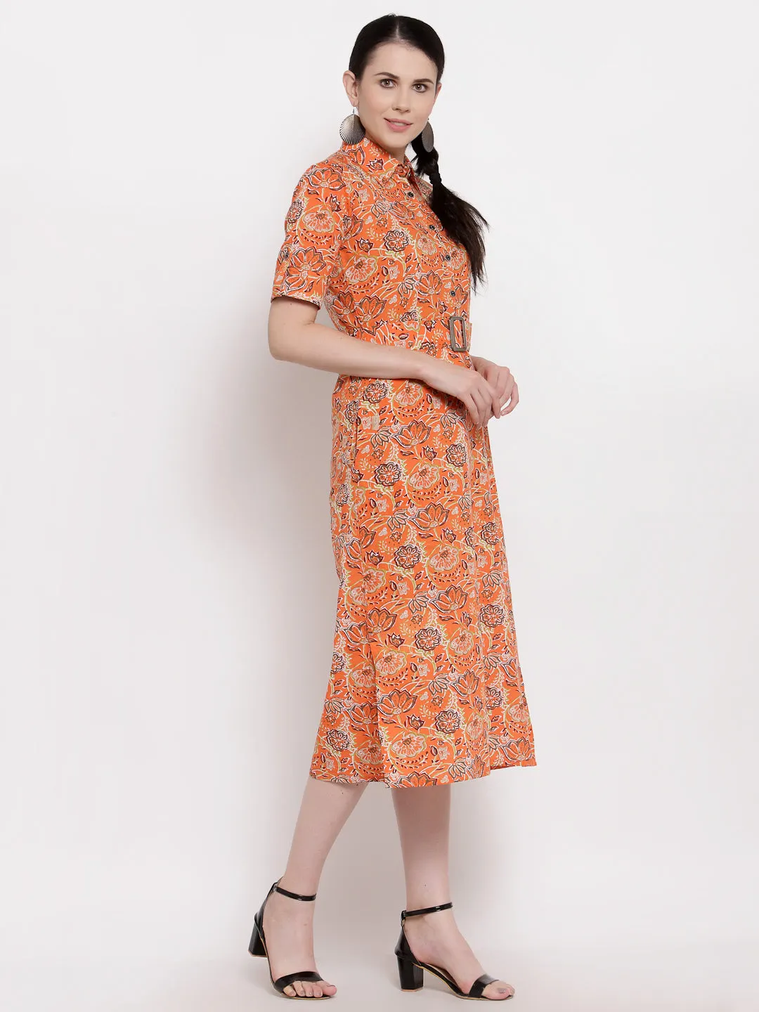Indibelle Cotton Floral Print Shirt A-Line Dress (Orange)