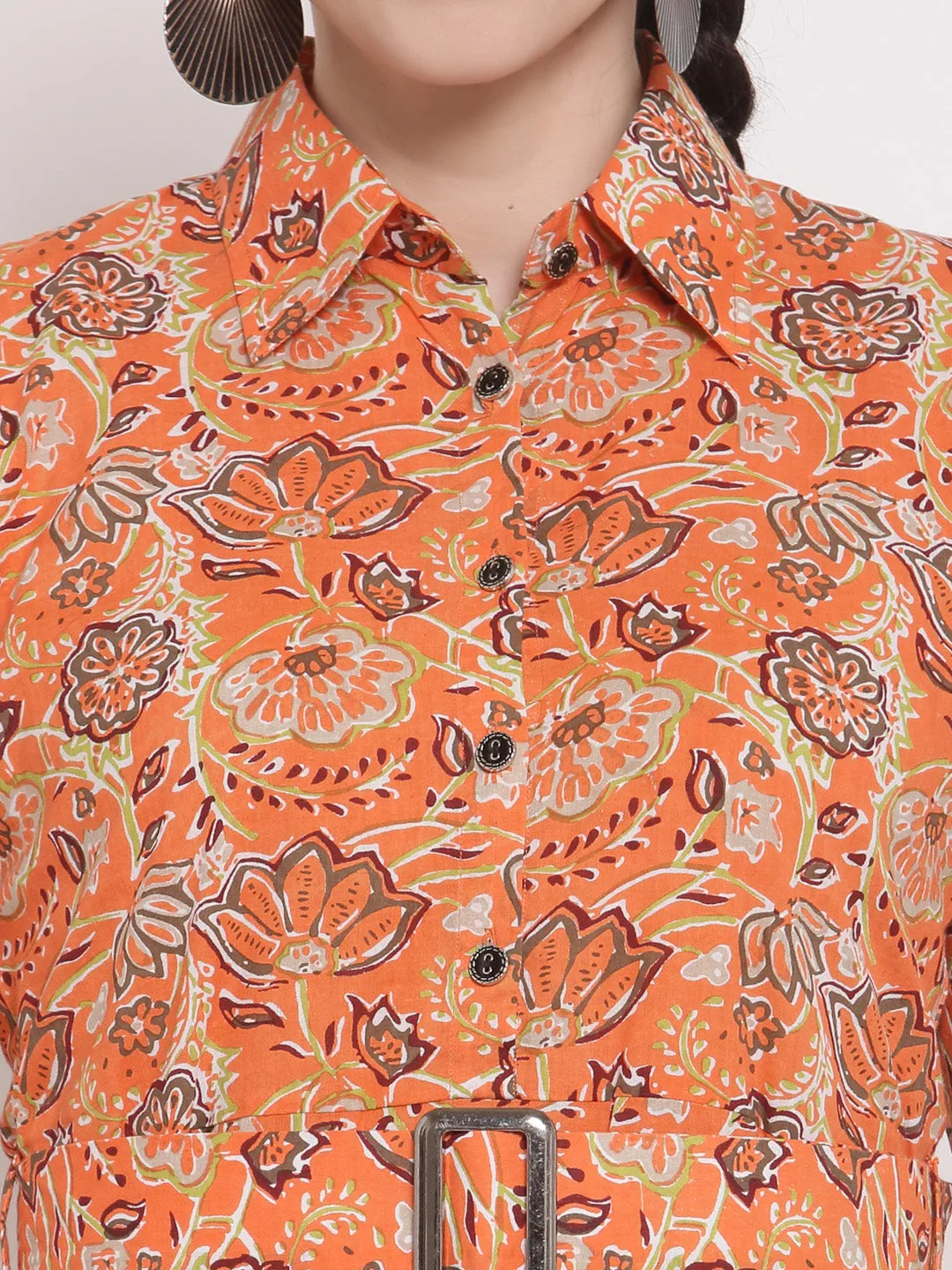 Indibelle Cotton Floral Print Shirt A-Line Dress (Orange)