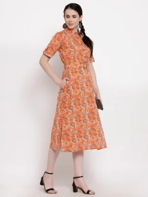 Indibelle Cotton Floral Print Shirt A-Line Dress (Orange)