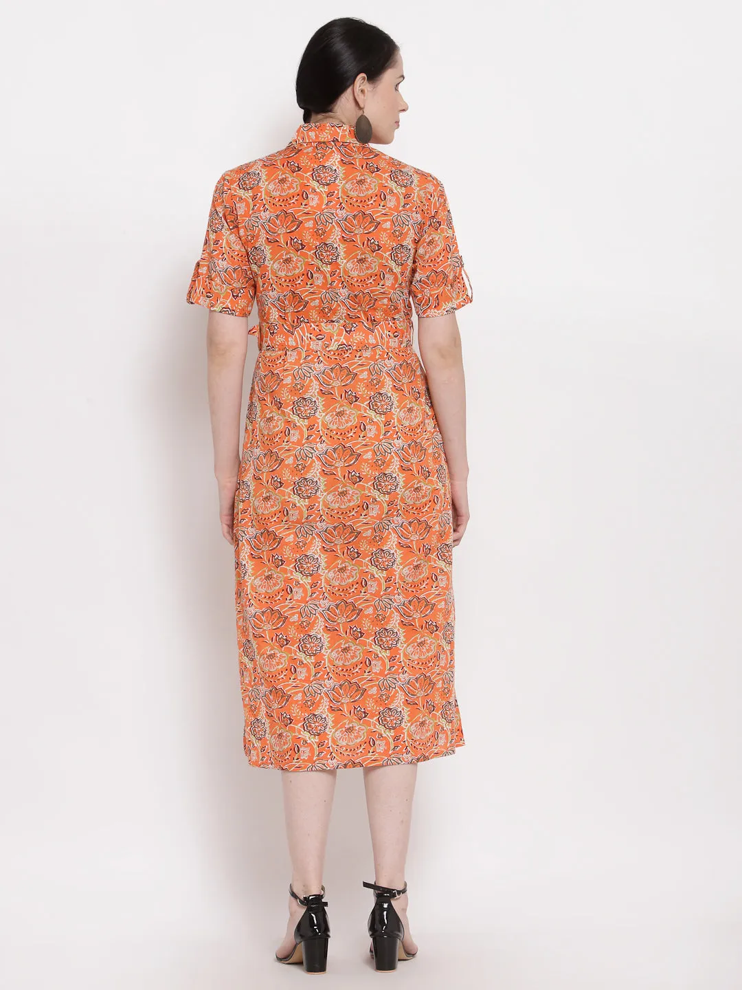 Indibelle Cotton Floral Print Shirt A-Line Dress (Orange)