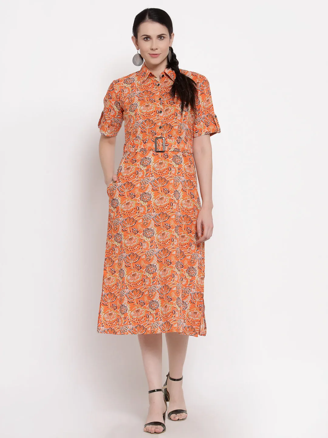Indibelle Cotton Floral Print Shirt A-Line Dress (Orange)