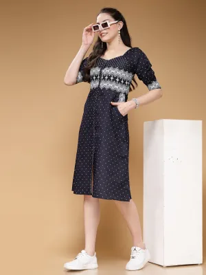 Indibelle Denim Knee Length Geometric Print A-Line Dress (Blue)