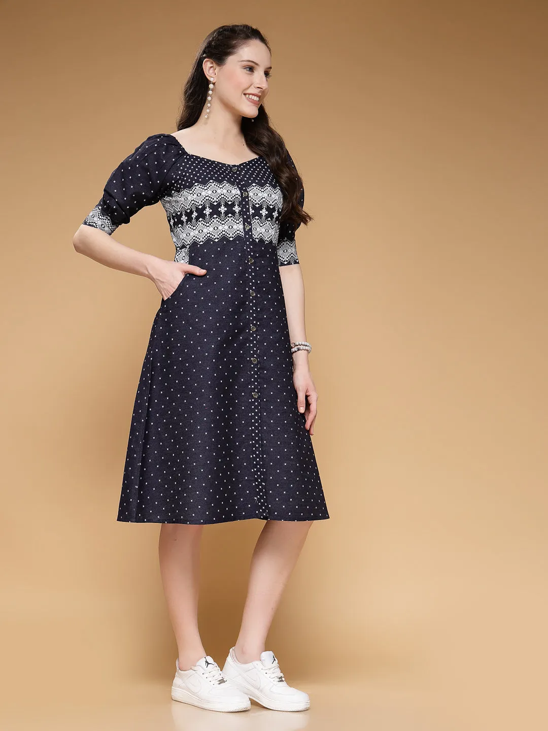 Indibelle Denim Knee Length Geometric Print A-Line Dress (Blue)