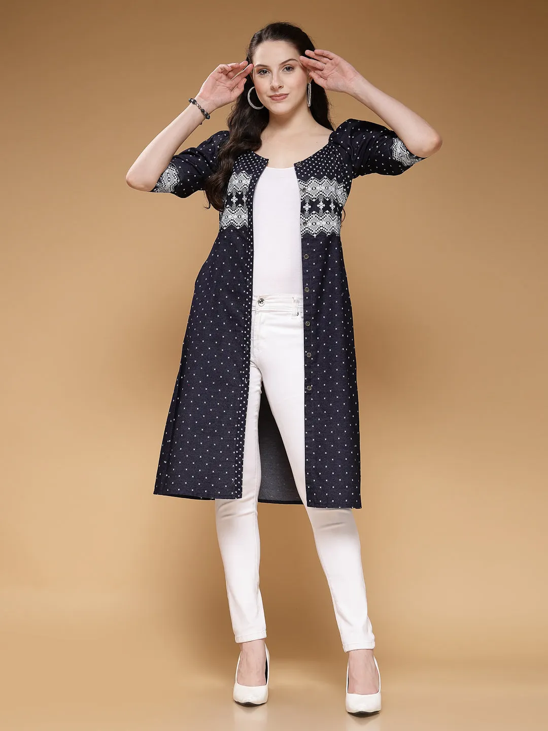 Indibelle Denim Knee Length Geometric Print A-Line Dress (Blue)