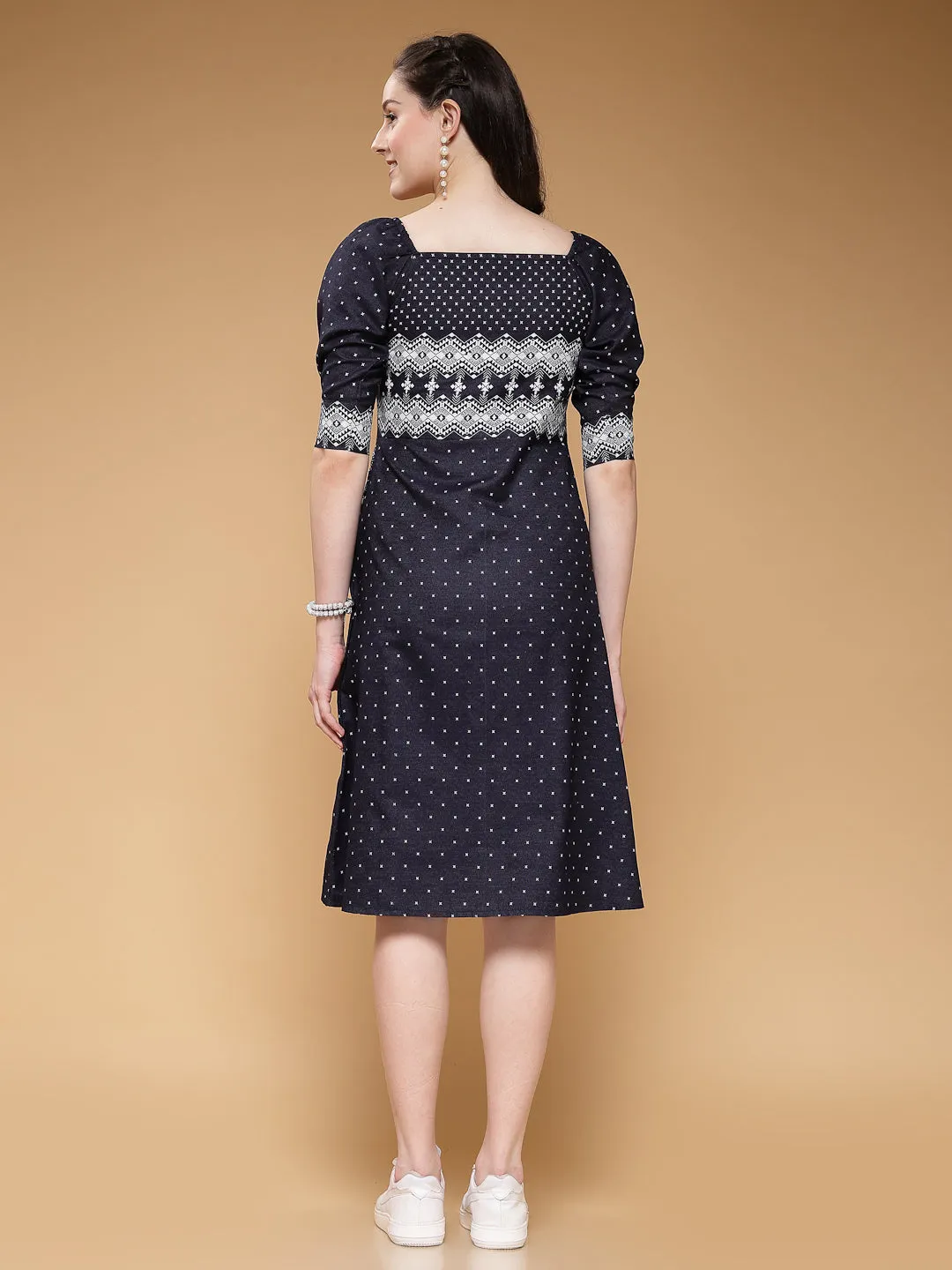 Indibelle Denim Knee Length Geometric Print A-Line Dress (Blue)