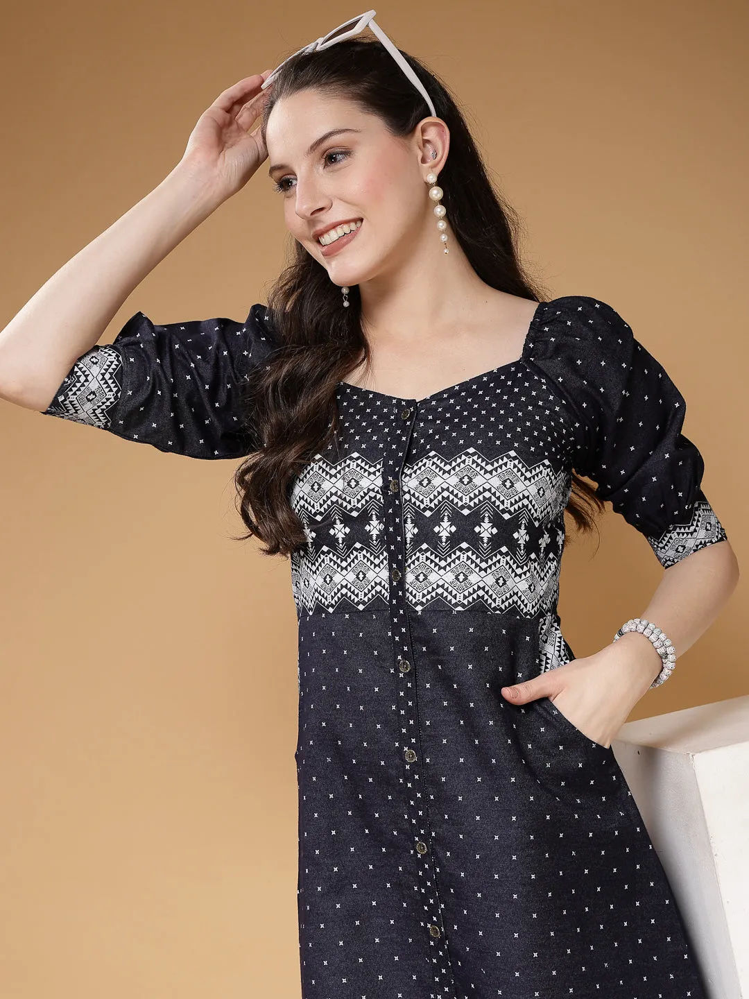 Indibelle Denim Knee Length Geometric Print A-Line Dress (Blue)