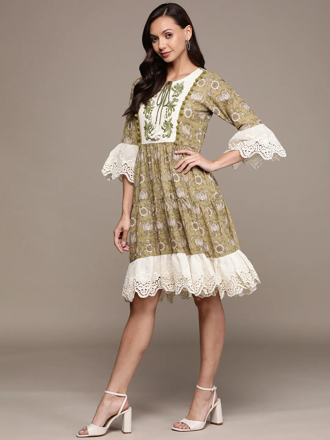 Ishin Women's Green Embroidered A-Line Dress