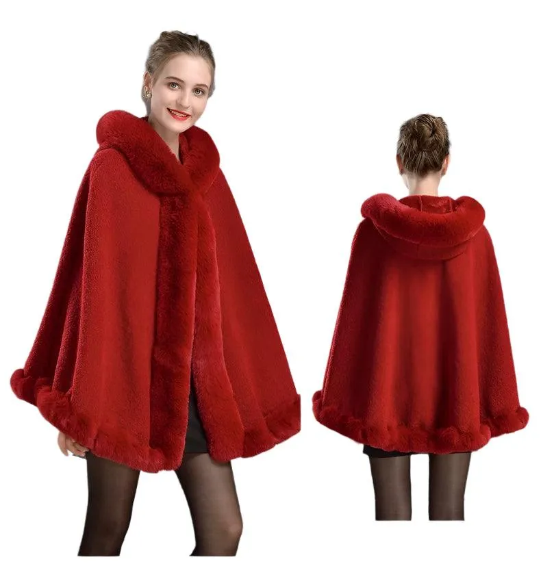 Luxury Winter Rabbit Fur Collar Poncho Cape – Elegant & Cozy Outstreet Mantle