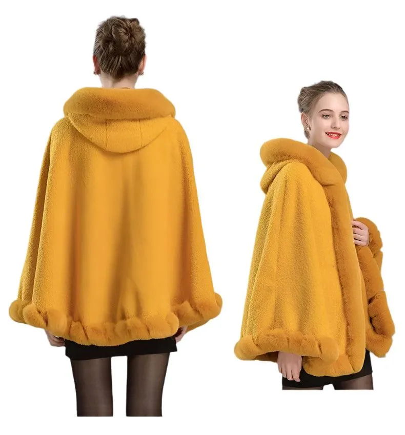 Luxury Winter Rabbit Fur Collar Poncho Cape – Elegant & Cozy Outstreet Mantle