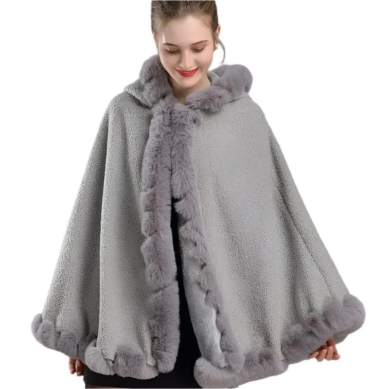 Luxury Winter Rabbit Fur Collar Poncho Cape – Elegant & Cozy Outstreet Mantle