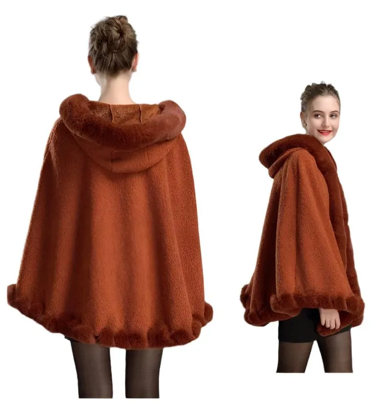 Luxury Winter Rabbit Fur Collar Poncho Cape – Elegant & Cozy Outstreet Mantle