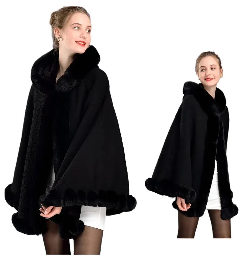 Luxury Winter Rabbit Fur Collar Poncho Cape – Elegant & Cozy Outstreet Mantle