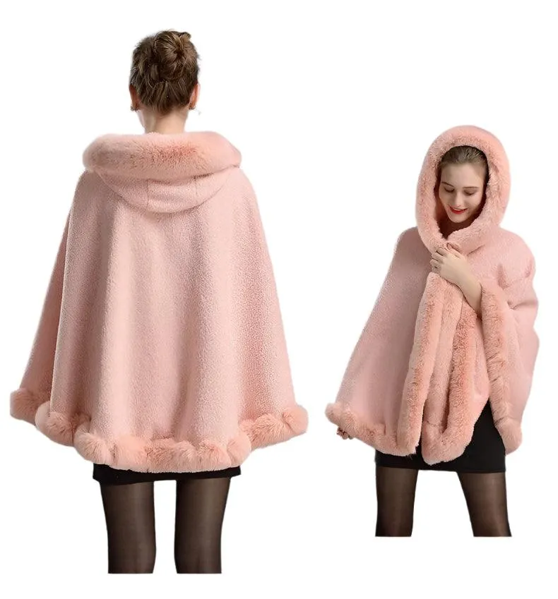 Luxury Winter Rabbit Fur Collar Poncho Cape – Elegant & Cozy Outstreet Mantle