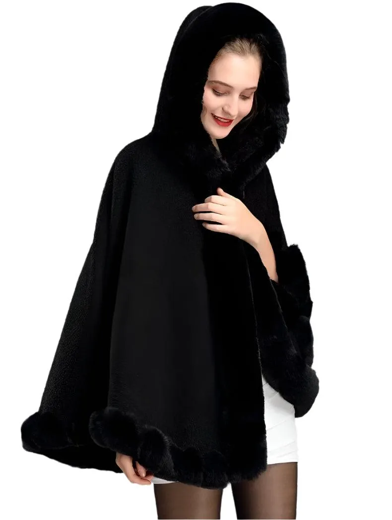 Luxury Winter Rabbit Fur Collar Poncho Cape – Elegant & Cozy Outstreet Mantle