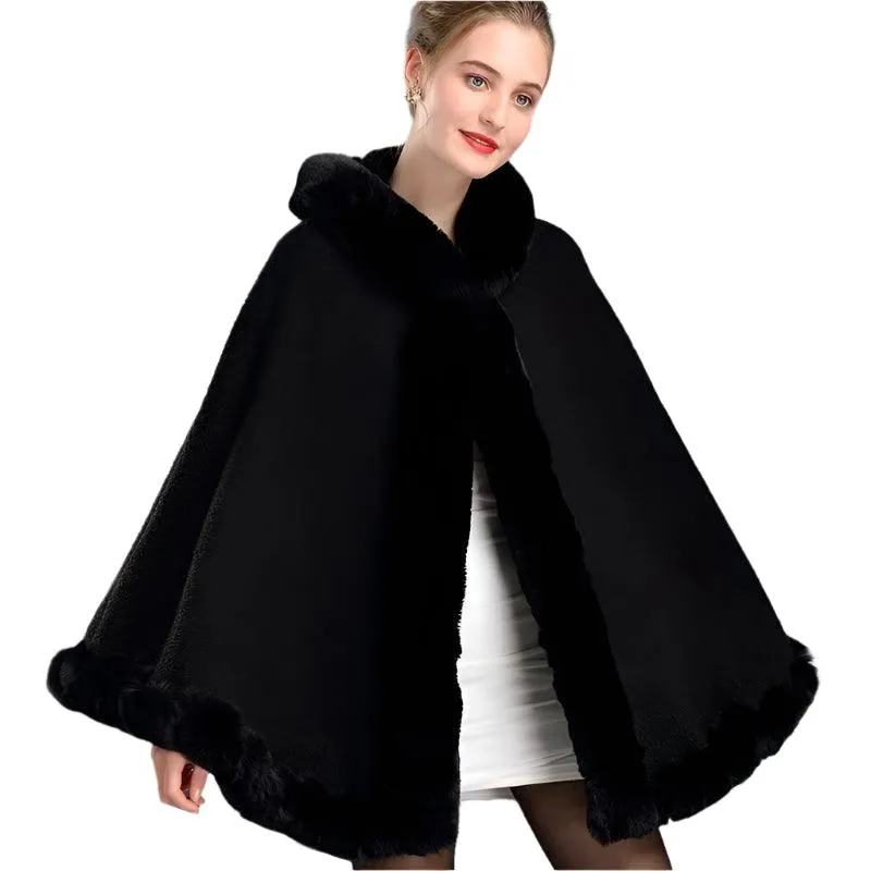 Luxury Winter Rabbit Fur Collar Poncho Cape – Elegant & Cozy Outstreet Mantle