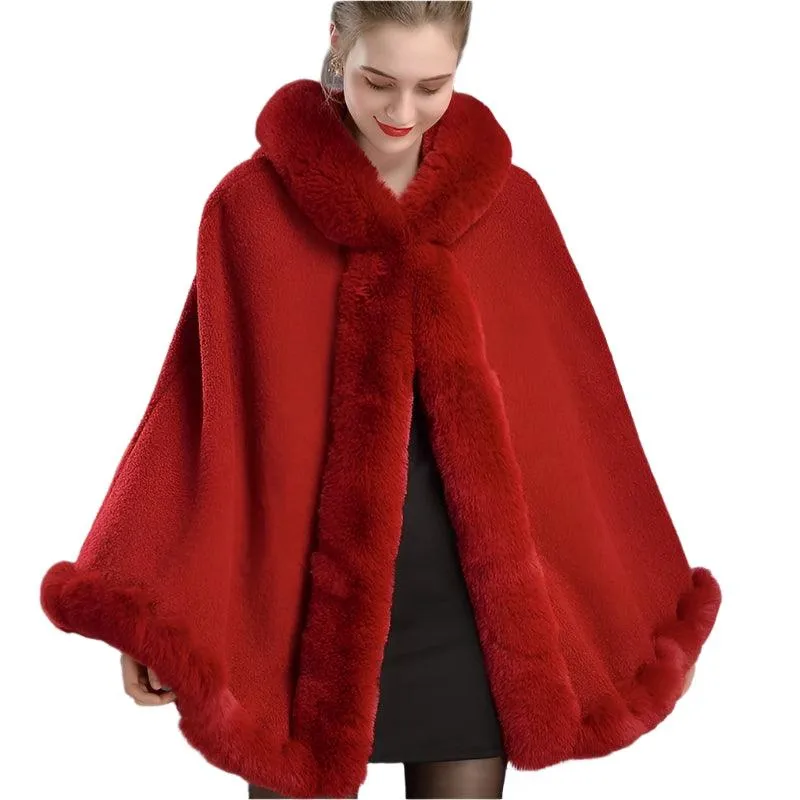 Luxury Winter Rabbit Fur Collar Poncho Cape – Elegant & Cozy Outstreet Mantle