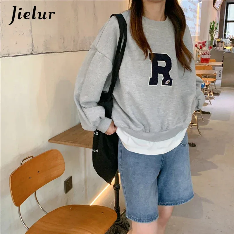 Metaversmall Lantern Sleeve Sweatshirts Women Apricot Loose Simple Letter R Embroidery O-neck Long Sleeve Tops Streetwear Hoodies M-XL