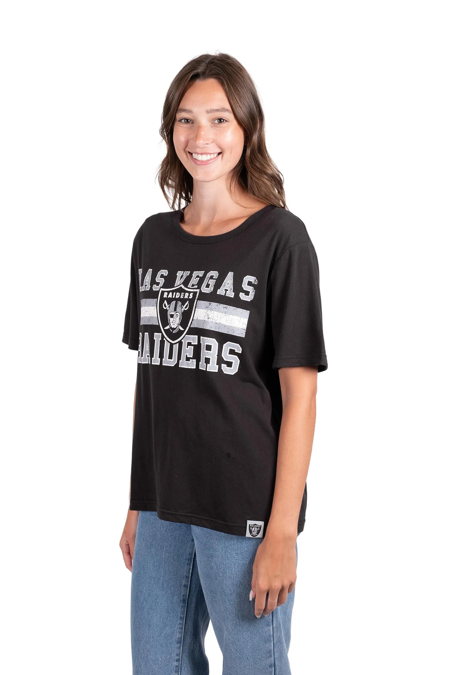 NFL Official Women's Distressed Graphics Super Soft Crew Neck T-Shirt|Las Vegas Raiders
