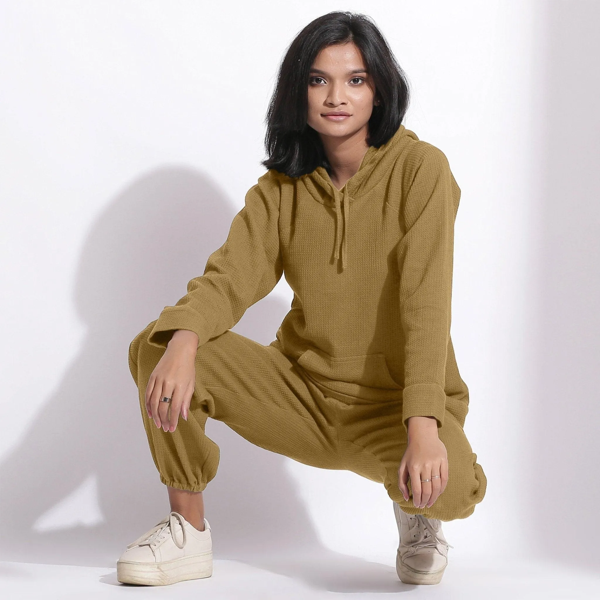 Olive Green Warm Cotton Waffle Hoodie Sweatshirt