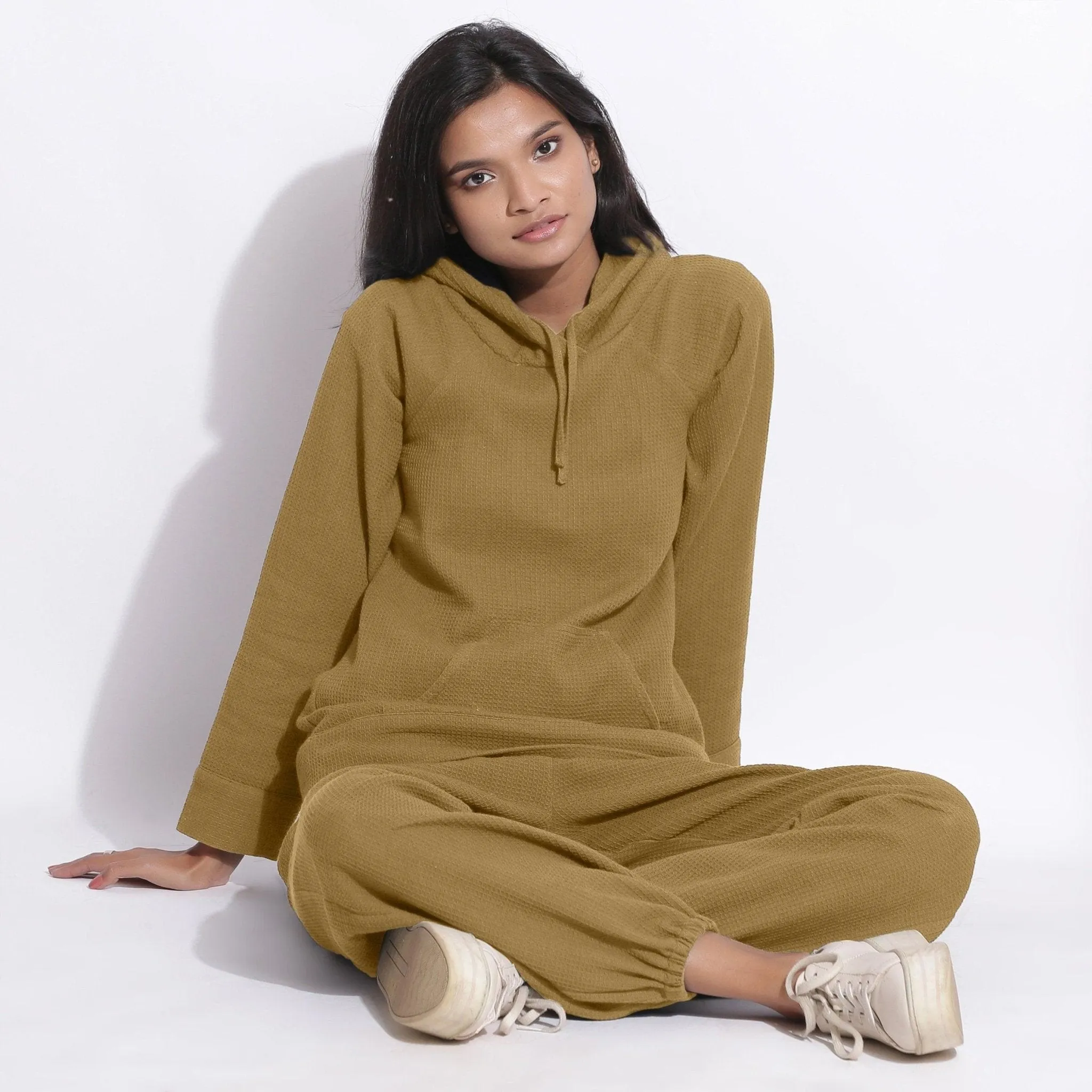 Olive Green Warm Cotton Waffle Hoodie Sweatshirt