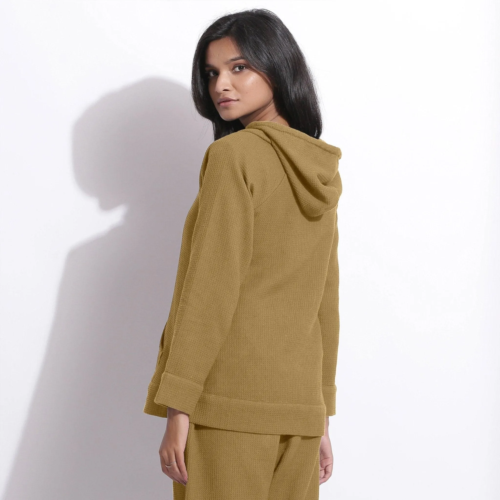 Olive Green Warm Cotton Waffle Hoodie Sweatshirt