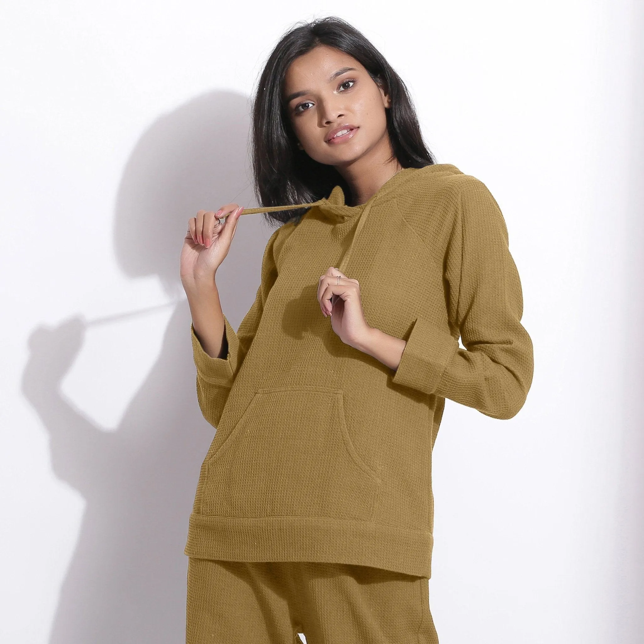 Olive Green Warm Cotton Waffle Hoodie Sweatshirt
