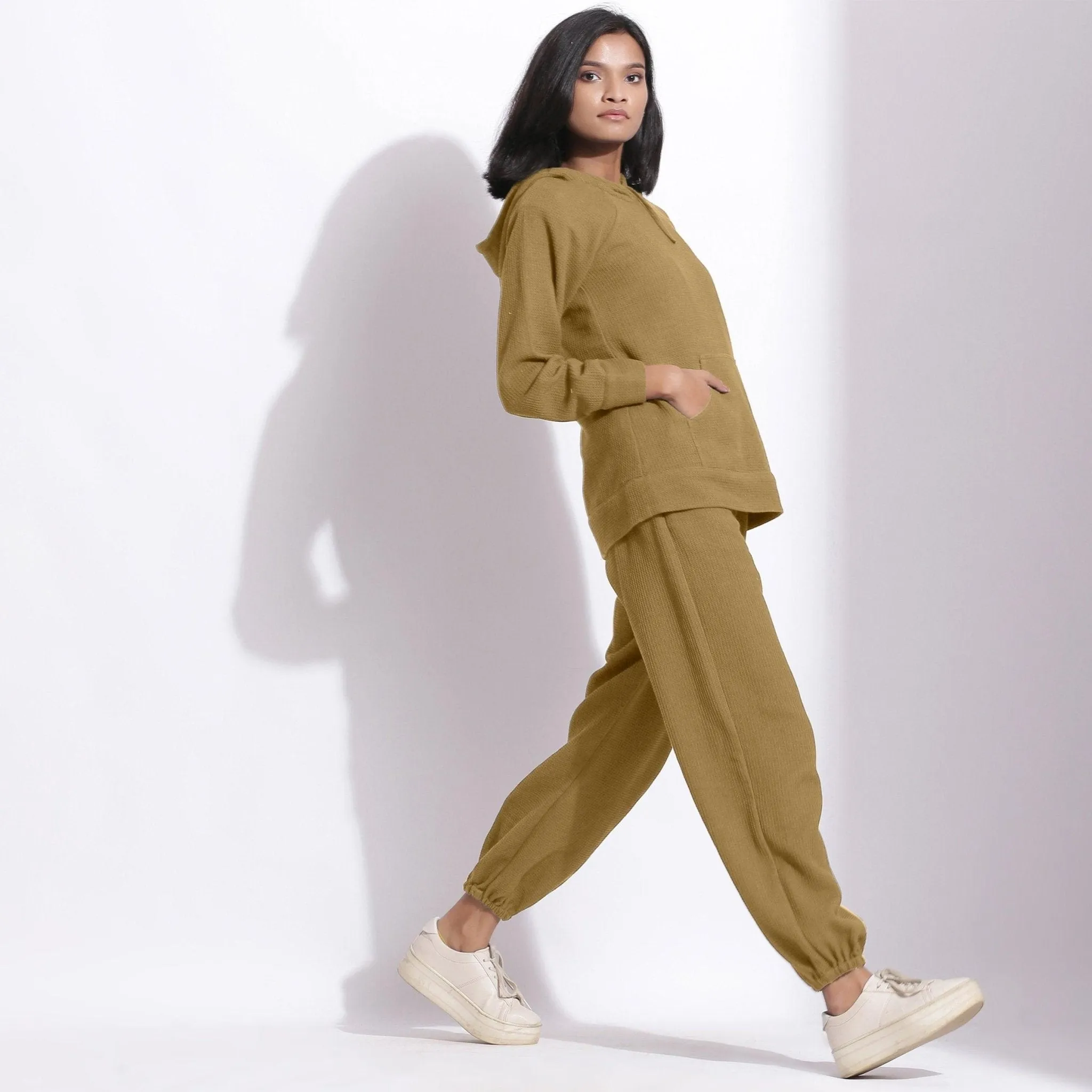 Olive Green Warm Cotton Waffle Hoodie Sweatshirt