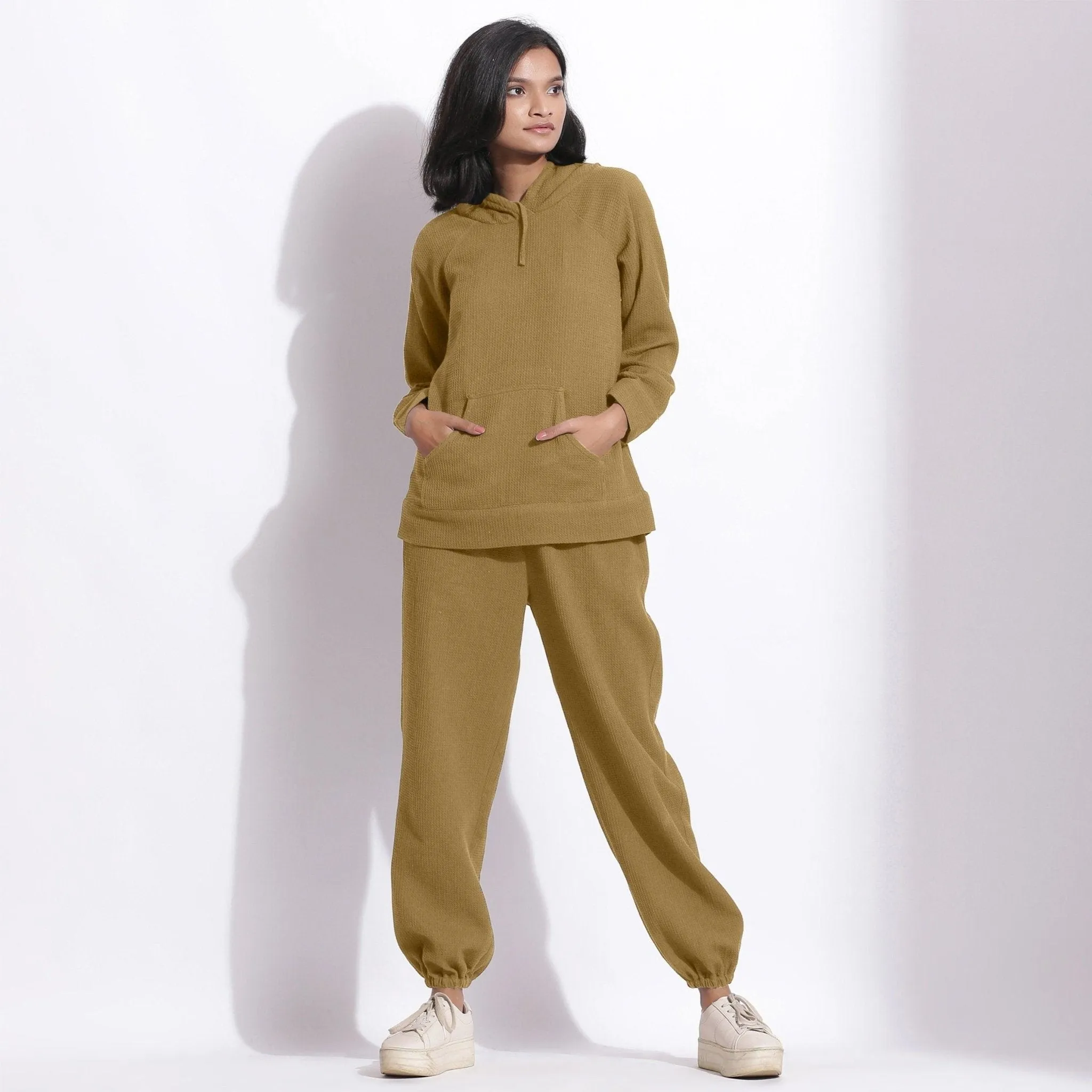 Olive Green Warm Cotton Waffle Hoodie Sweatshirt