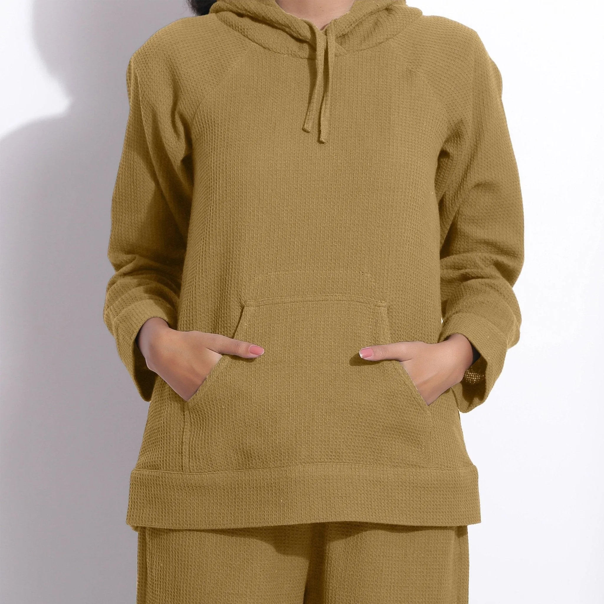 Olive Green Warm Cotton Waffle Hoodie Sweatshirt