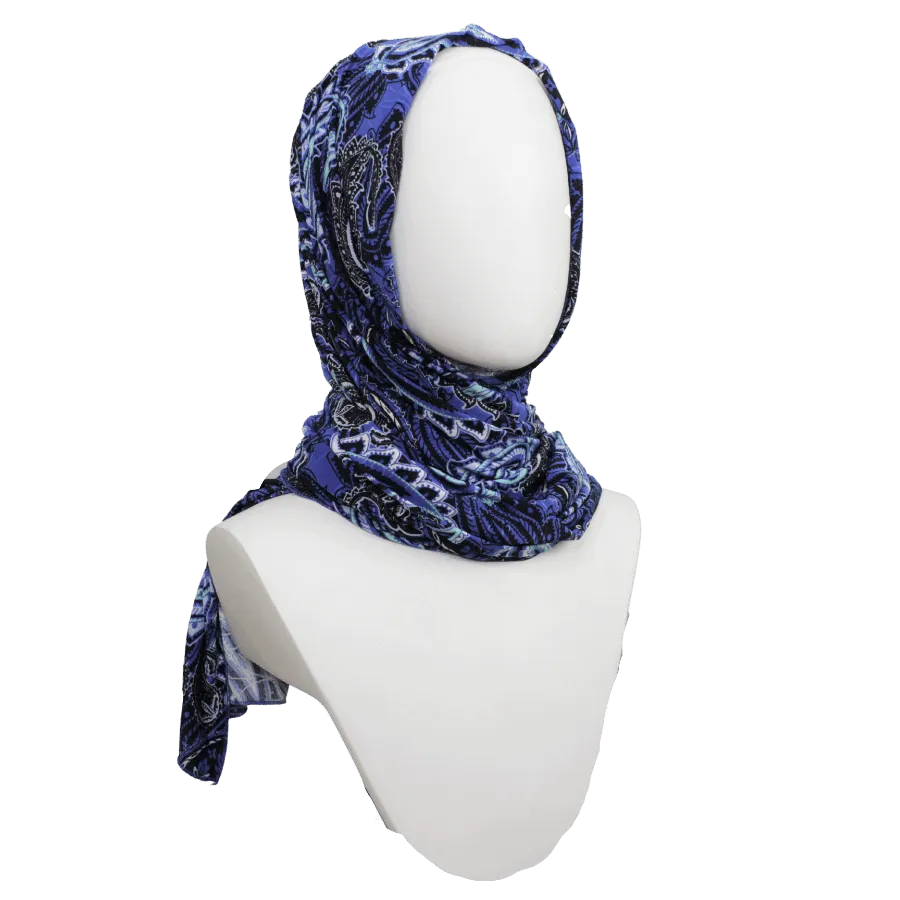 Royal Blue Paisley Print Smooth Patterned Jersey Hijab  - Soft & Cool "Zibde Feel"